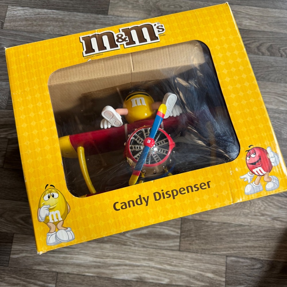 M&M's Candy Dispenser Barnstorming Yellow Airplane Red Biplane Propeller Boxed
